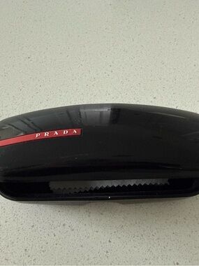 Prada Glossy Black Sunglasses Case with Red Logo Strip